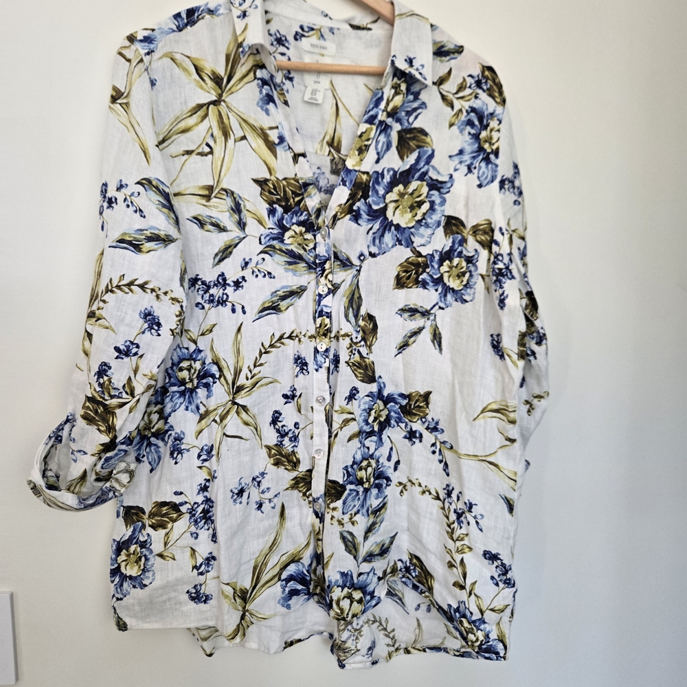 Joie White Button-Down Shirt with Blue and Olive Floral Print